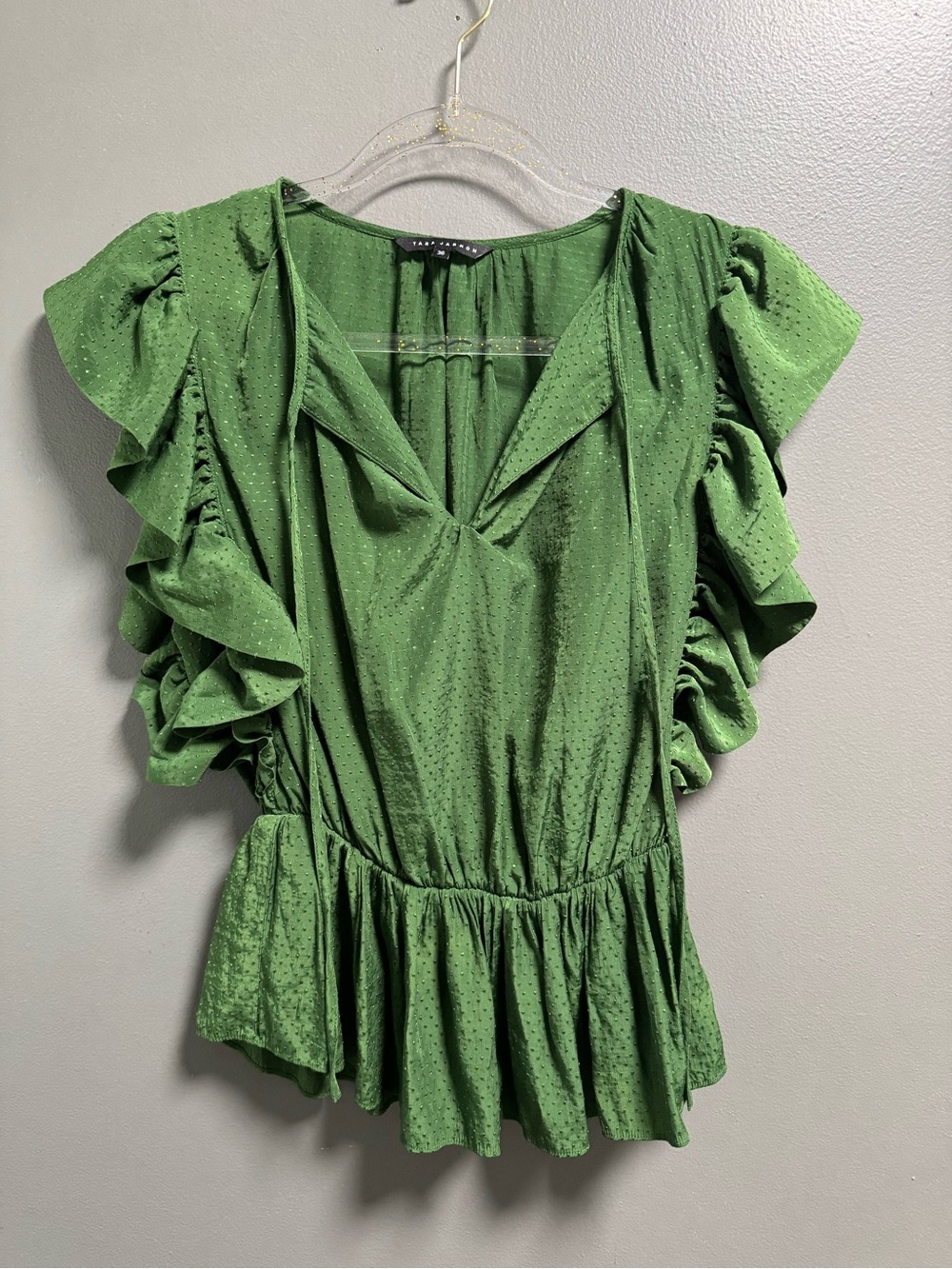 Tara Jarmon Green Swiss Dot Ruffled Peplum Blouse size 36